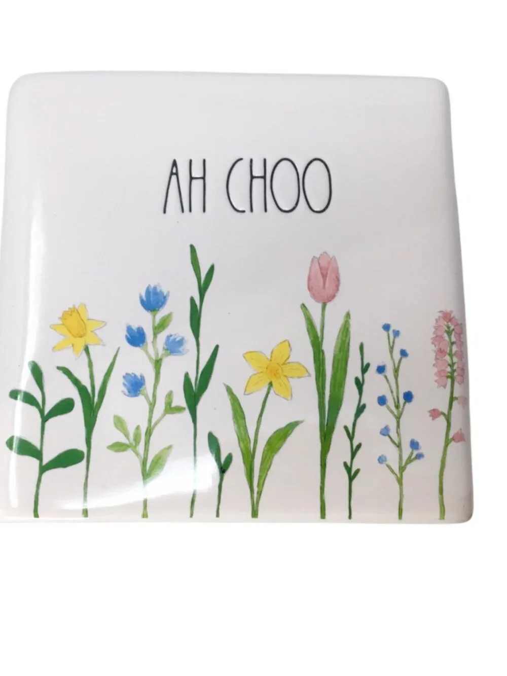 Rae Dunn Tissue Box Cover Holder Ah Choo Floral Spring Flowers Ceramic Square